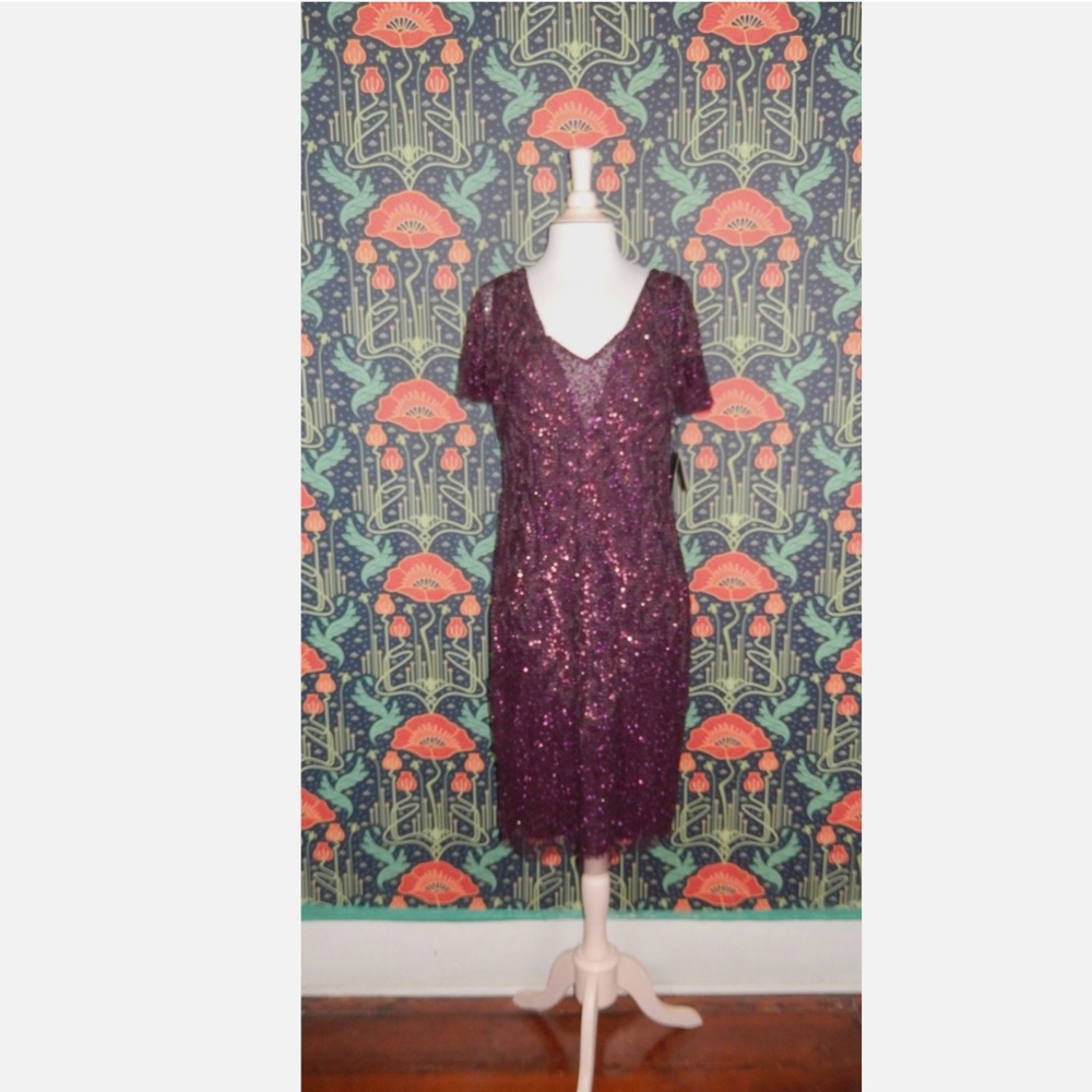 Adrianna Papell Plum Purple Beaded Sequin Flutter Sleeve Cocktail Dress - Picture 4 of 9
